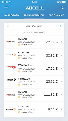 Transaktionen in der ADCELL App